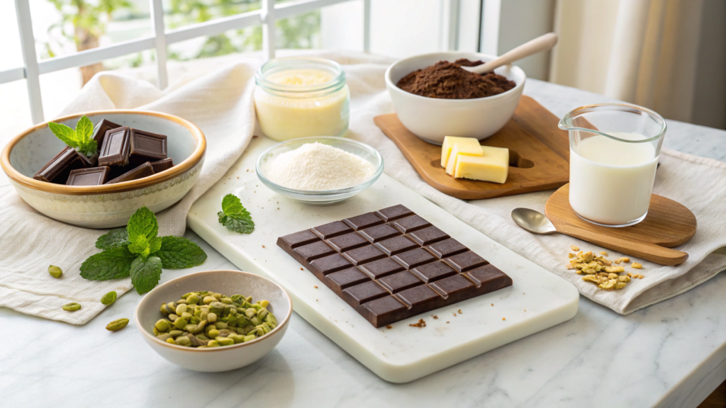 Ingredients for Knafeh Chocolate Bar arranged on a white marble kitchen counter, including semolina, sugar, butter, chocolate, and pistachio