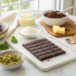 Ingredients for Knafeh Chocolate Bar arranged on a white marble kitchen counter, including semolina, sugar, butter, chocolate, and pistachio