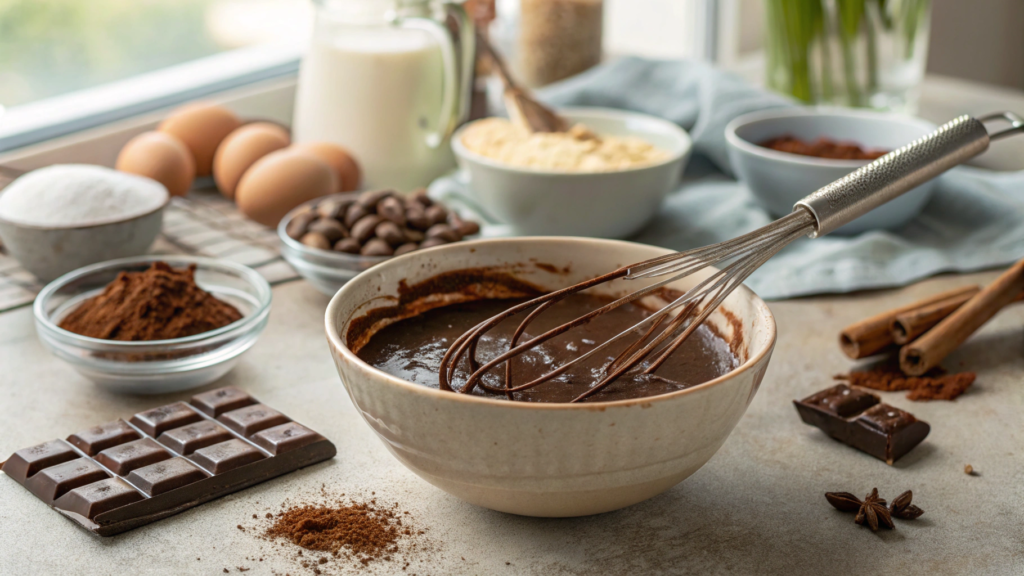 Whisking sugar-free chocolate mixture with cocoa powder and eggs in a bowl, set on a bright kitchen counter.