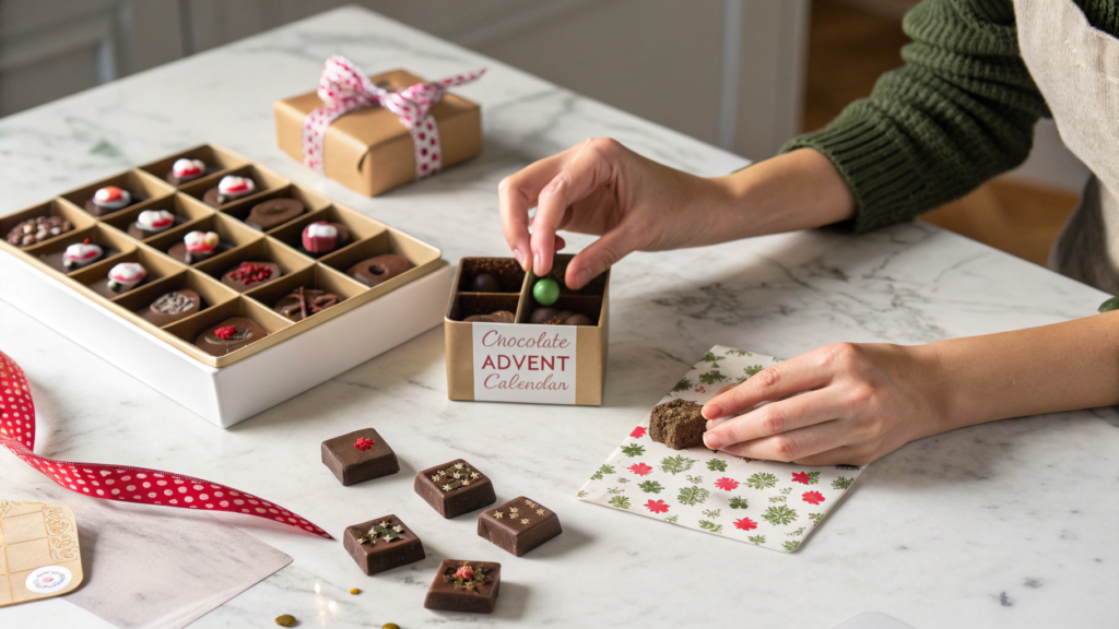 Person assembling a chocolate advent calendar on a marble kitchen counter.