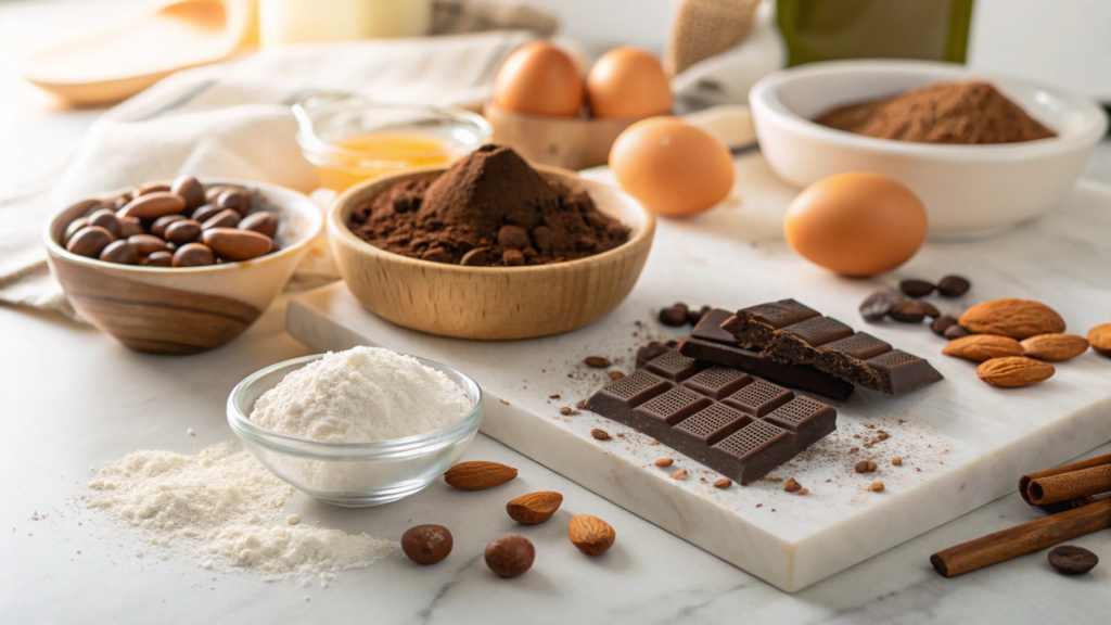  Fresh ingredients for sugar-free chocolate including cocoa powder, almond flour, eggs, and vanilla extract on a white marble kitchen counter.