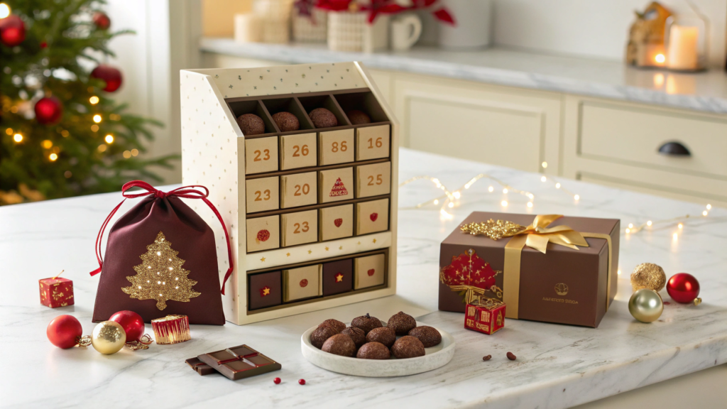 Completed DIY chocolate advent calendar on a white marble counter.