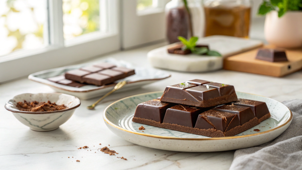 Perfectly set sugar-free chocolate squares on a white plate, placed on a marble kitchen counter.