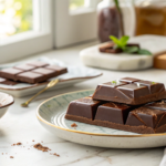 Perfectly set sugar-free chocolate squares on a white plate, placed on a marble kitchen counter.