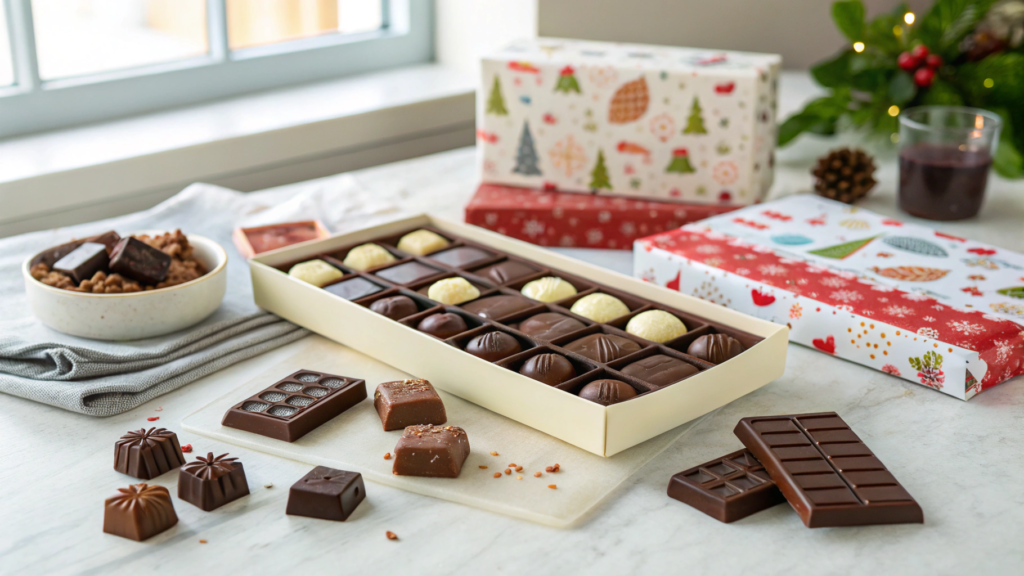 An assortment of chocolate advent calendars with festive packaging.