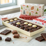 An assortment of chocolate advent calendars with festive packaging.