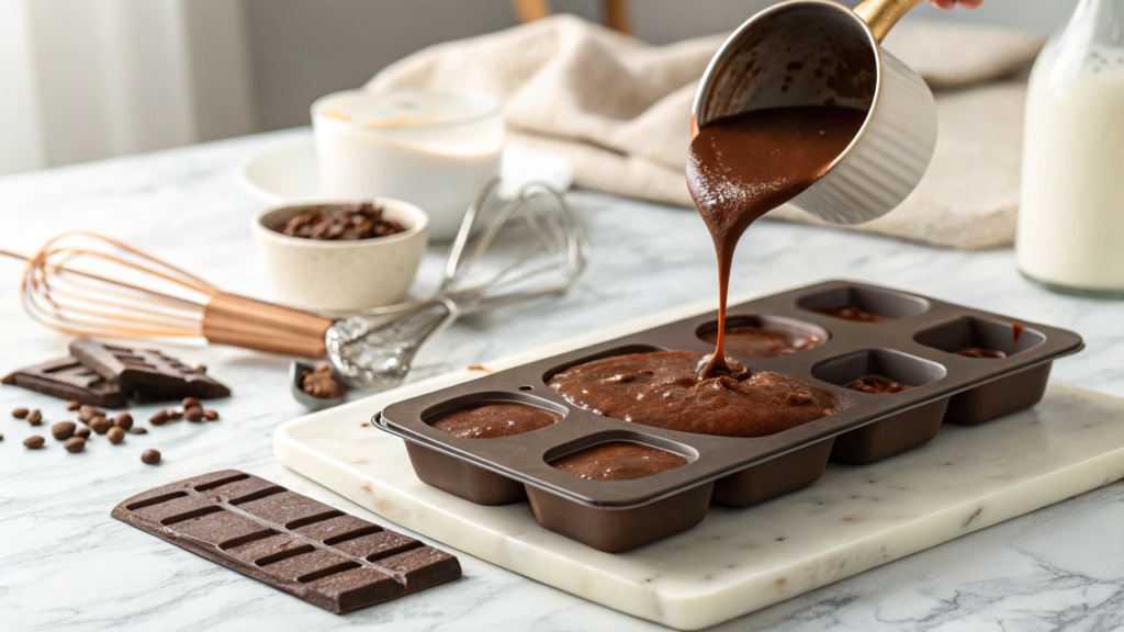  Pouring sugar-free chocolate into a mold on a white marble kitchen counter.