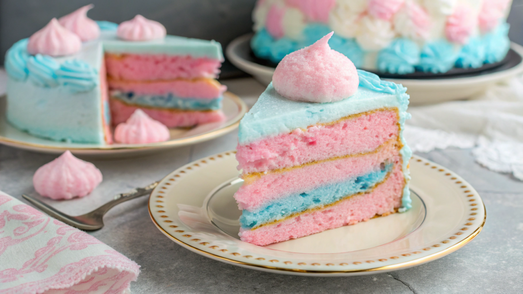 A vibrant cotton candy cake with pink and blue fluffy frosting, topped with swirls of cotton candy and colorful sprinkles, set against a festive party background with balloons and confetti.