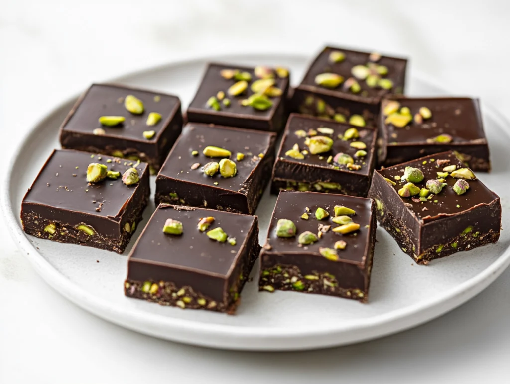 Finished pistachio chocolate bars with visible pistachios on a white plate.