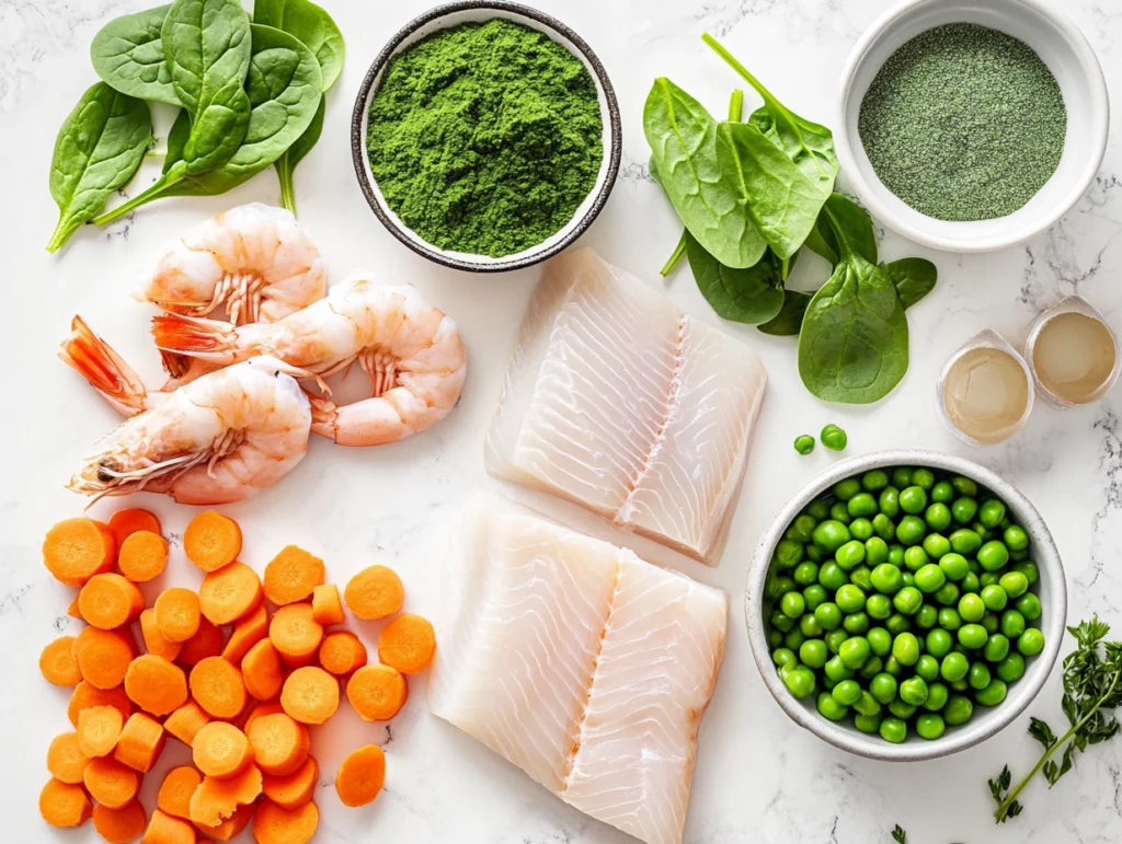 Fresh ingredients for homemade fish food on a white marble kitchen counter.